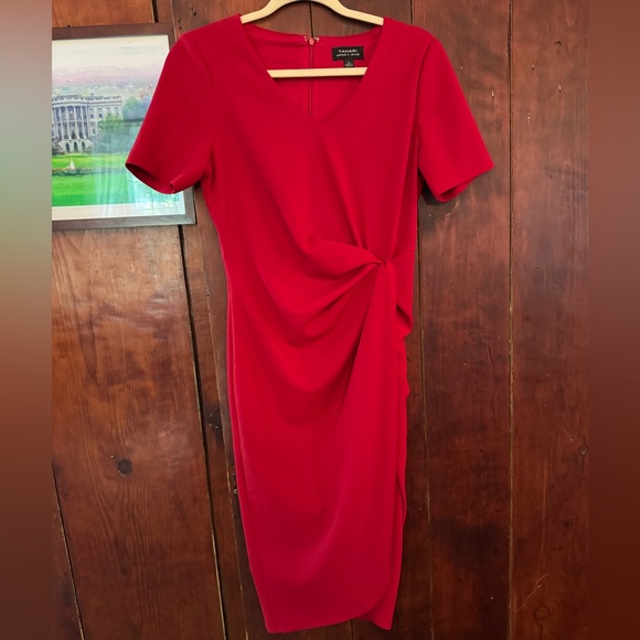 Tahari Asymmetrical Knot Red Sheath Dress - Picture 3 of 10